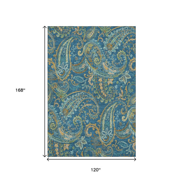 HomeRoots 10' X 14' Washable Navy Blue Green Gold Paisley Area Rug with UV Protection for High-Traffic Spaces 647986
