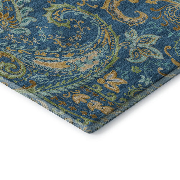 HomeRoots 10' X 14' Washable Navy Blue Green Gold Paisley Area Rug with UV Protection for High-Traffic Spaces 647986