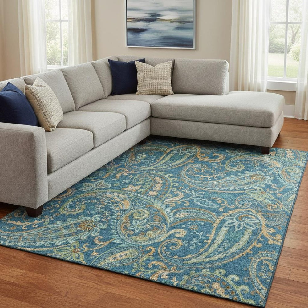 HomeRoots 10' X 14' Washable Navy Blue Green Gold Paisley Area Rug with UV Protection for High-Traffic Spaces 647986