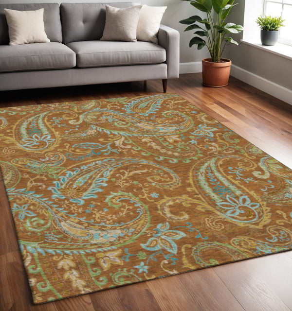 HomeRoots 5' X 8' Washable Paisley Area Rug in Rust, Blue & Green – Durable, Stain-Resistant & UV Protected! 647988