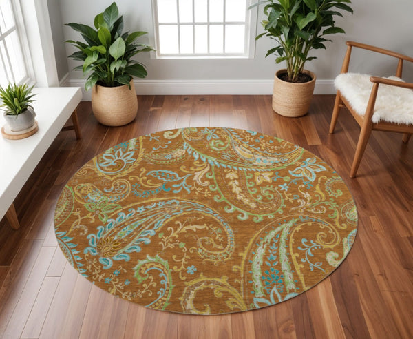 HomeRoots 8' Washable Round Rug in Rust, Blue & Green Paisley - UV Protected, Stain Resistant & Durable Design 647989