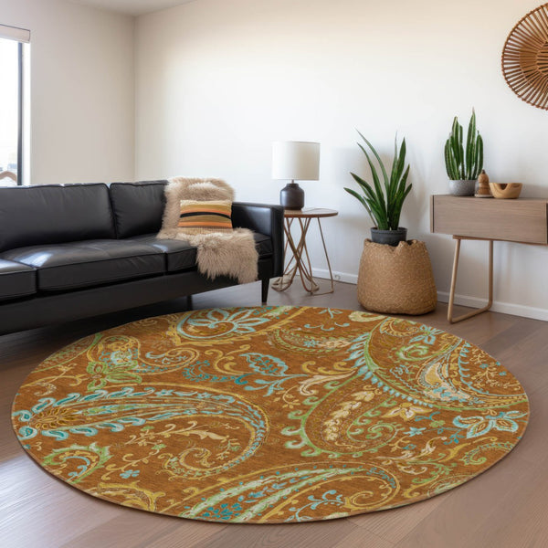 HomeRoots 8' Washable Round Rug in Rust, Blue & Green Paisley - UV Protected, Stain Resistant & Durable Design 647989