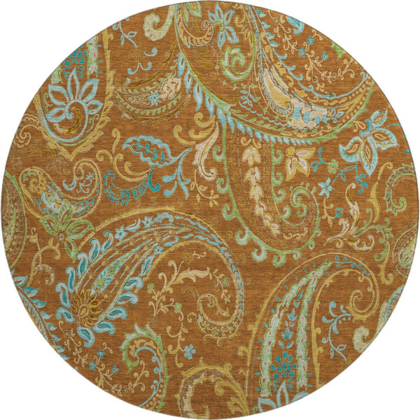 HomeRoots 8' Washable Round Rug in Rust, Blue & Green Paisley - UV Protected, Stain Resistant & Durable Design 647989