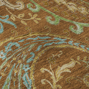 HomeRoots 8' Washable Round Rug in Rust, Blue & Green Paisley - UV Protected, Stain Resistant & Durable Design 647989