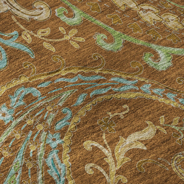 HomeRoots 8' Washable Round Rug in Rust, Blue & Green Paisley - UV Protected, Stain Resistant & Durable Design 647989
