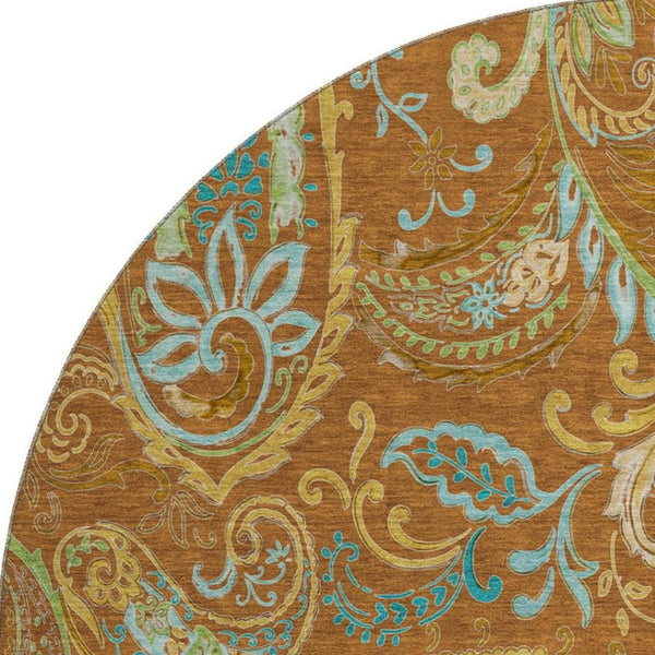 HomeRoots 8' Washable Round Rug in Rust, Blue & Green Paisley - UV Protected, Stain Resistant & Durable Design 647989