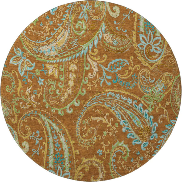 HomeRoots 8' Washable Round Rug in Rust, Blue & Green Paisley - UV Protected, Stain Resistant & Durable Design 647989