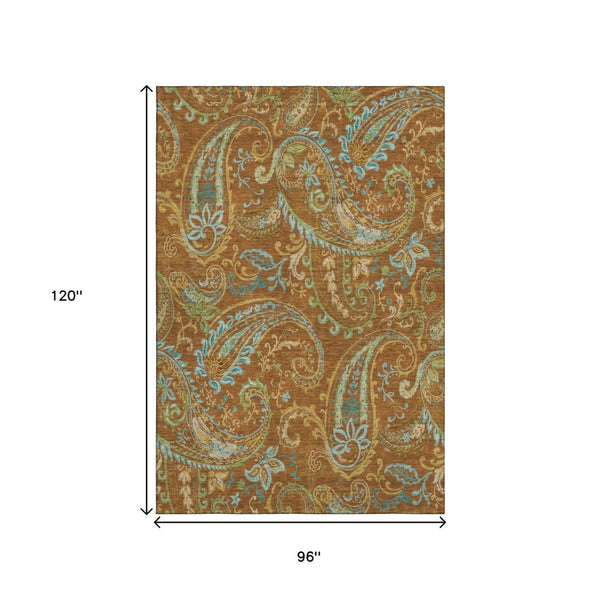 HomeRoots 8' X 10' Washable Paisley Area Rug in Rust, Blue & Green – UV Protected, Perfect for High-Traffic Spaces 647990