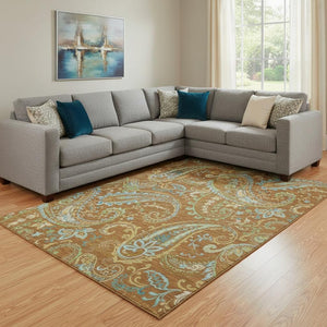 HomeRoots 8' X 10' Washable Paisley Area Rug in Rust, Blue & Green – UV Protected, Perfect for High-Traffic Spaces 647990