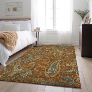 HomeRoots 8' X 10' Washable Paisley Area Rug in Rust, Blue & Green – UV Protected, Perfect for High-Traffic Spaces 647990