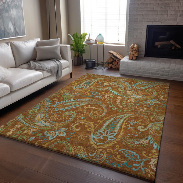 HomeRoots 8' X 10' Washable Paisley Area Rug in Rust, Blue & Green – UV Protected, Perfect for High-Traffic Spaces 647990