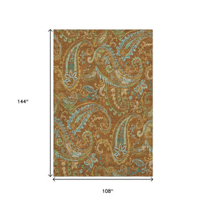 HomeRoots 9' X 12' Stylish Washable Paisley Area Rug in Rust, Blue & Green - UV Protected, Stain-Resistant Design 647991