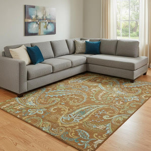 HomeRoots 9' X 12' Stylish Washable Paisley Area Rug in Rust, Blue & Green - UV Protected, Stain-Resistant Design 647991