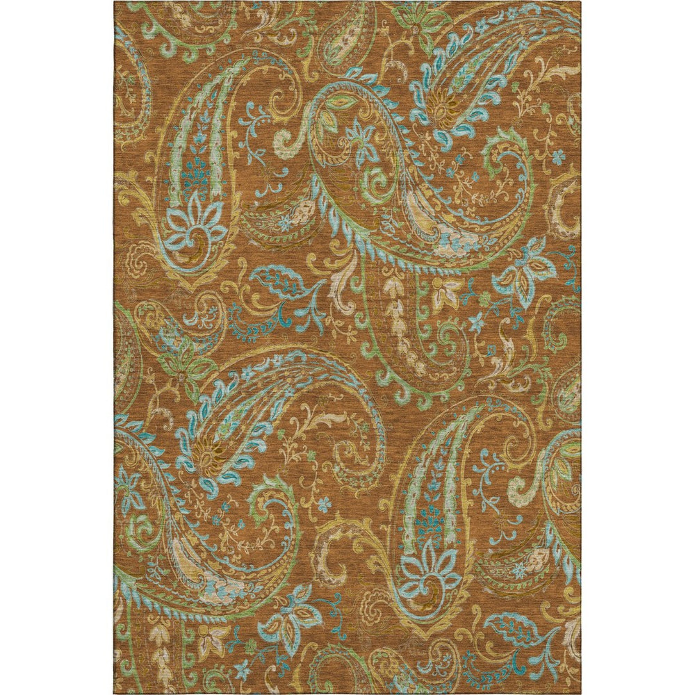 HomeRoots 9' X 12' Stylish Washable Paisley Area Rug in Rust, Blue & Green - UV Protected, Stain-Resistant Design 647991