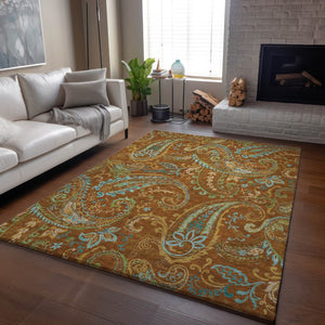 HomeRoots 9' X 12' Stylish Washable Paisley Area Rug in Rust, Blue & Green - UV Protected, Stain-Resistant Design 647991