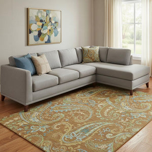 HomeRoots 10' X 14' Durable Rust Blue Green Paisley Area Rug with UV Protection - Stain-Resistant & Washable! 647992