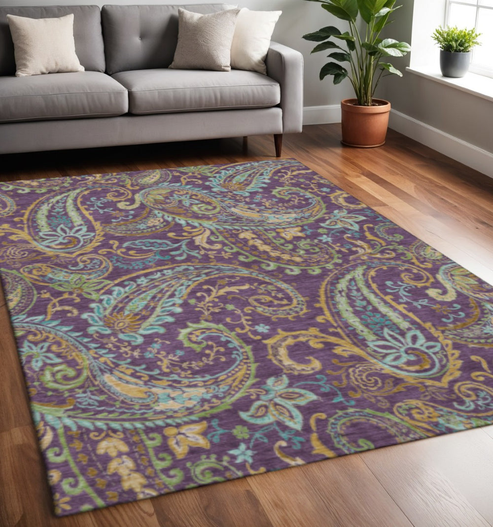 HomeRoots 5' X 8' Vibrant Paisley Area Rug in Purple, Green & Blue – Washable, Stain Resistant & UV Protected! 647994