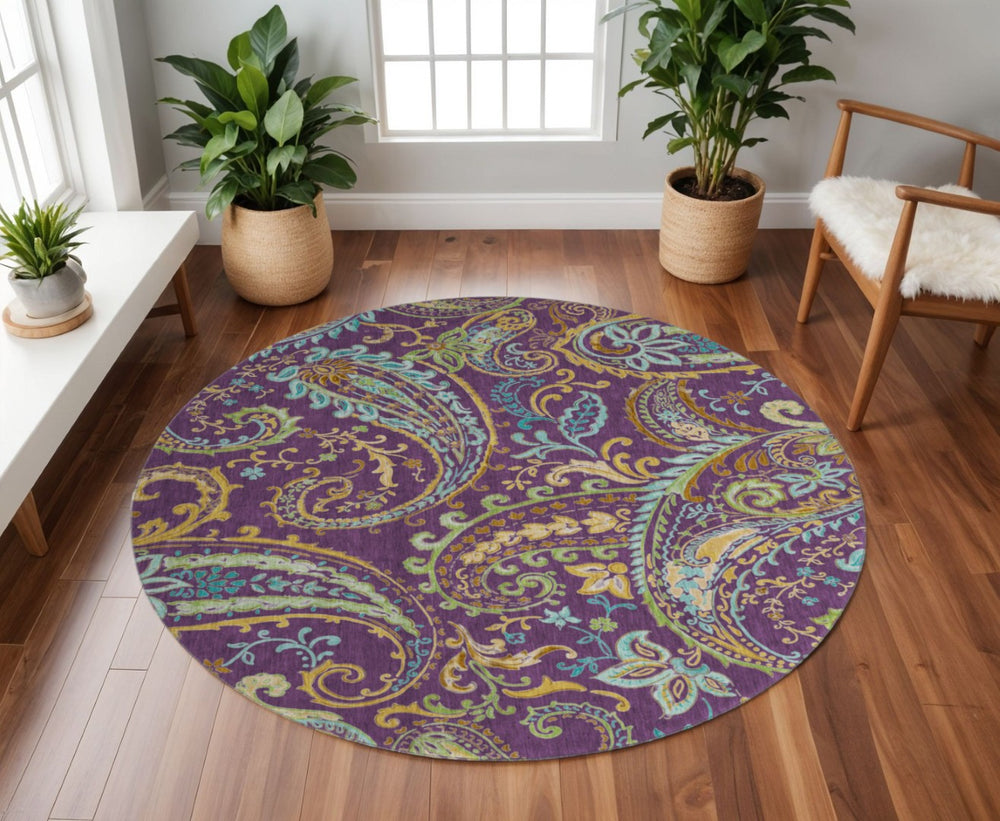 HomeRoots 8' Vibrant Washable Round Paisley Rug in Purple, Green & Blue - UV Protected for High-Traffic Areas 647995