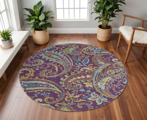 HomeRoots 8' Vibrant Washable Round Paisley Rug in Purple, Green & Blue - UV Protected for High-Traffic Areas 647995