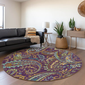 HomeRoots 8' Vibrant Washable Round Paisley Rug in Purple, Green & Blue - UV Protected for High-Traffic Areas 647995