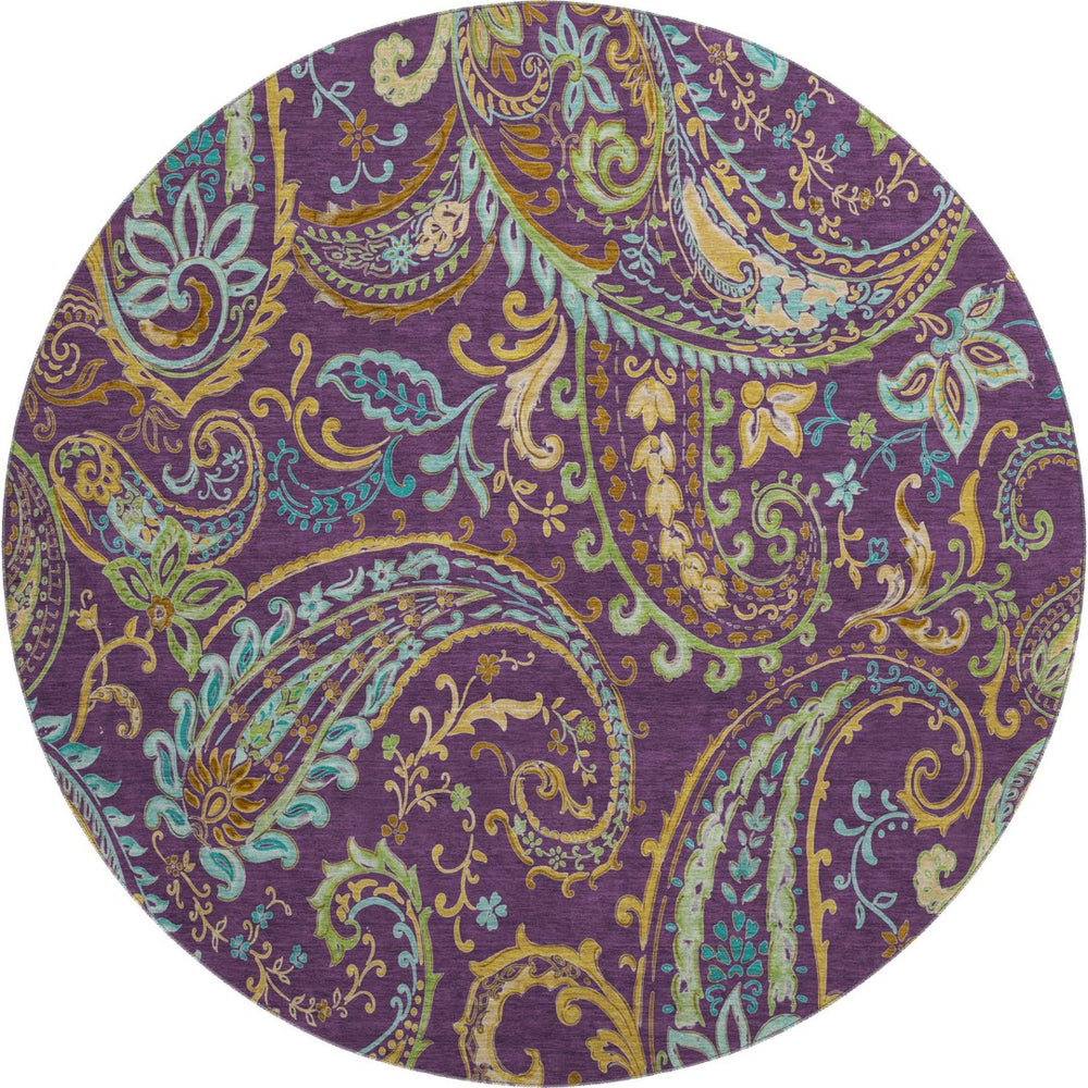 HomeRoots 8' Vibrant Washable Round Paisley Rug in Purple, Green & Blue - UV Protected for High-Traffic Areas 647995