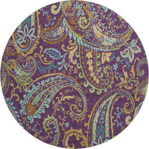 HomeRoots 8' Vibrant Washable Round Paisley Rug in Purple, Green & Blue - UV Protected for High-Traffic Areas 647995