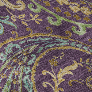 HomeRoots 8' Vibrant Washable Round Paisley Rug in Purple, Green & Blue - UV Protected for High-Traffic Areas 647995