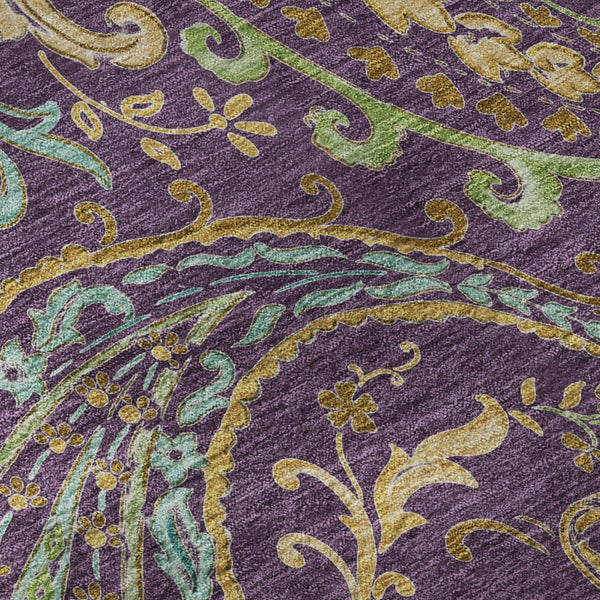 HomeRoots 8' Vibrant Washable Round Paisley Rug in Purple, Green & Blue - UV Protected for High-Traffic Areas 647995