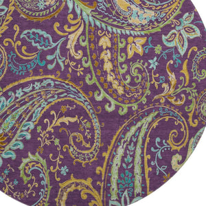 HomeRoots 8' Vibrant Washable Round Paisley Rug in Purple, Green & Blue - UV Protected for High-Traffic Areas 647995