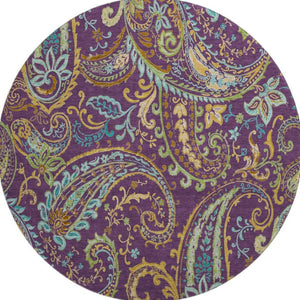 HomeRoots 8' Vibrant Washable Round Paisley Rug in Purple, Green & Blue - UV Protected for High-Traffic Areas 647995