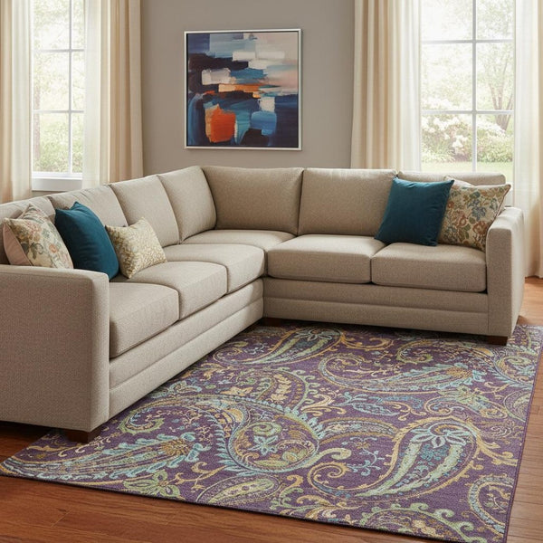 HomeRoots 8' X 10' Vibrant Paisley Area Rug in Purple, Green & Blue - Washable, UV Protected, Stain-Resistant! 647996