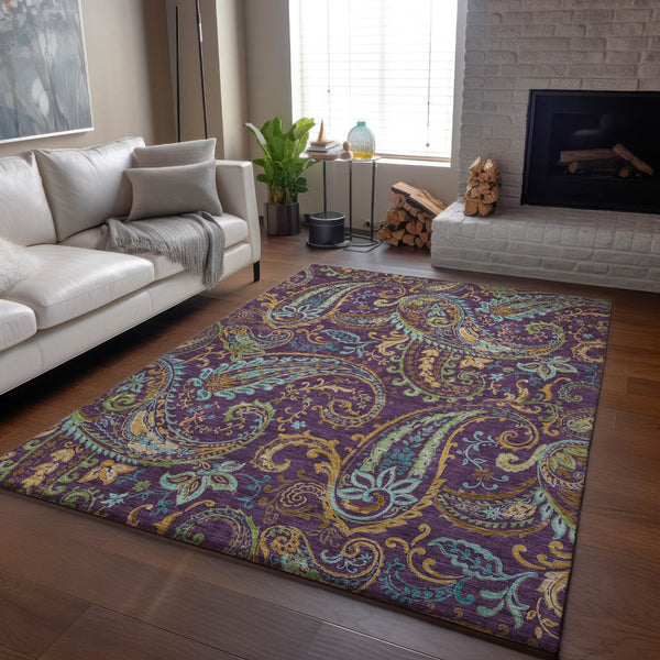 HomeRoots 9' X 12' Washable Paisley Area Rug in Purple, Green & Blue - UV Protected, Durable & Stylish Home Accent 647997
