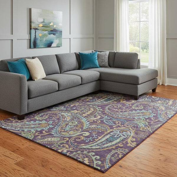 HomeRoots 9' X 12' Washable Paisley Area Rug in Purple, Green & Blue - UV Protected, Durable & Stylish Home Accent 647997