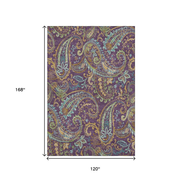 HomeRoots 10' Vibrant Purple Green Blue Paisley Washable Area Rug with UV Protection for High-Traffic Homes 647998