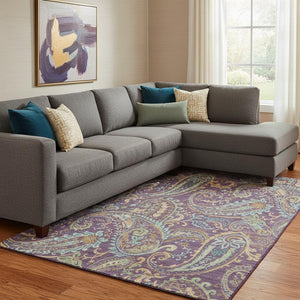 HomeRoots 10' Vibrant Purple Green Blue Paisley Washable Area Rug with UV Protection for High-Traffic Homes 647998