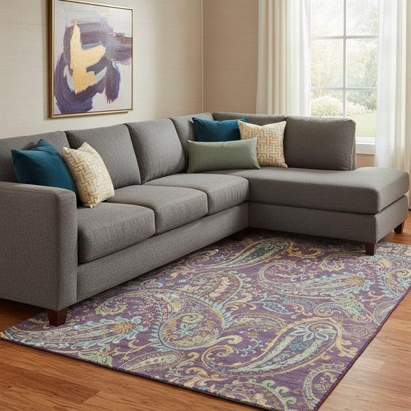 HomeRoots 10' Vibrant Purple Green Blue Paisley Washable Area Rug with UV Protection for High-Traffic Homes 647998