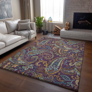 HomeRoots 10' Vibrant Purple Green Blue Paisley Washable Area Rug with UV Protection for High-Traffic Homes 647998