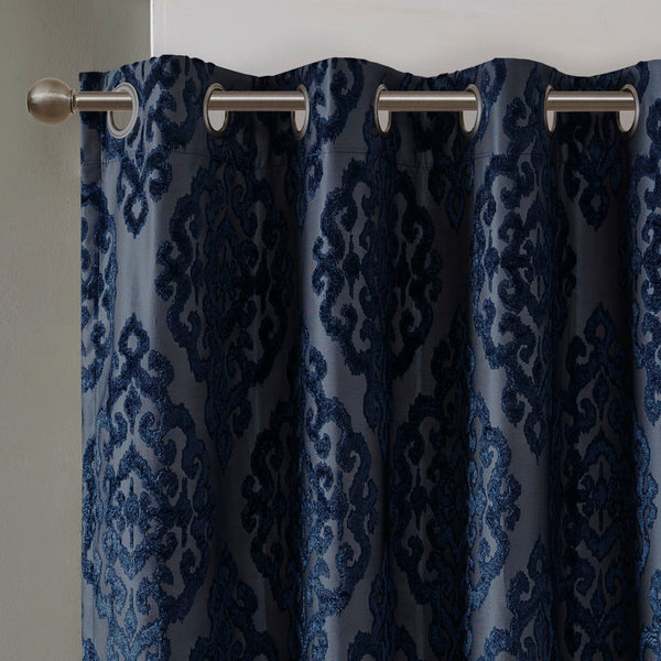 JLA Home SunSmart - Knitted Elegant Jacquard Damask Blackout Curtain Panel — Foam-Backed Thermal & Acoustic Privacy Drapes Navy SS40-0101