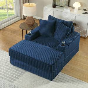 English Elm sofa Oversized Corduroy Deep-Seat Chaise with Ottoman and Lumbar Support — Plush, Sturdy Comfort Blue W1420S00013