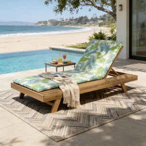 English Elm Lounge Chaise Outdoor Acacia Wood Slatted Frame with Water Resistant Cushion Resort Style Green Leaf,Light Brown N770P442L18L
