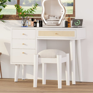 English Elm 39" Retro Bohemian Makeup Vanity Set with Rattan Drawers, USB Charging Port, Cushioned Stool, 4-Drawer Storage White 44.1 L x 18.75 W x 10.5 H N733P180011K