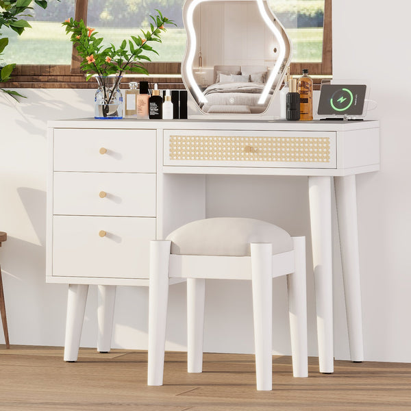 English Elm 39" Retro Bohemian Makeup Vanity Set with Rattan Drawers, USB Charging Port, Cushioned Stool, 4-Drawer Storage White 44.1 L x 18.75 W x 10.5 H N733P180011K