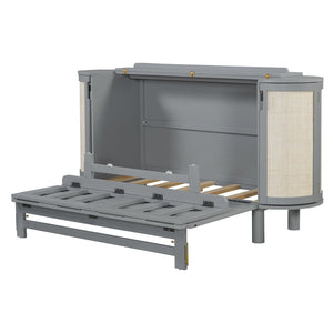 English Elm Full Murphy Bed with Woven Rattan Cabinet Front and Built-in Side Storage Units Gray LP000599AAE