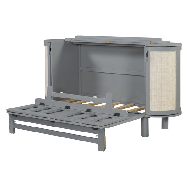 English Elm Full Murphy Bed with Woven Rattan Cabinet Front and Built-in Side Storage Units Gray LP000599AAE