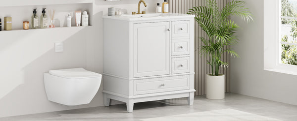English Elm Christopher Knight Home® - 30" Freestanding Bathroom Vanity with Ceramic Sink, Soft-Close Door, Gold Knobs & 3 Drawers, Durable Painted Finish White N759P225994K