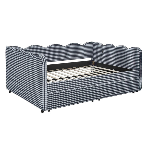 English Elm Full Size Gingham Linen Daybed with Wave Backrest Trundle and Usb Charging Port Navy Blue W1413S00148