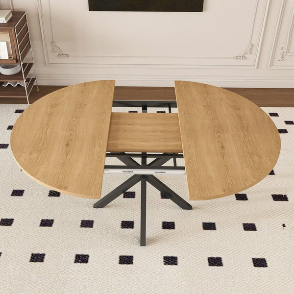 English Elm Extendable Round Oak Finish Dining Table Seats Six with Steel Base Modern Kitchen W2700P420811