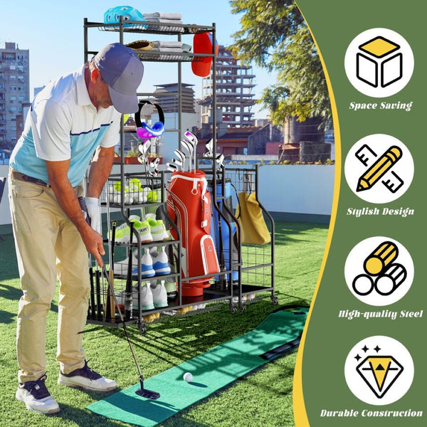 English Elm Golf Bag Vertical Rack Organizer Holds 3 Bags with Club and Accessory Shelves T3210P392618
