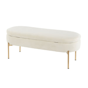 English Elm Contemporary Cream Velvet Storage Bench with Gold Metal Base for Bedroom or Entryway B202P223453