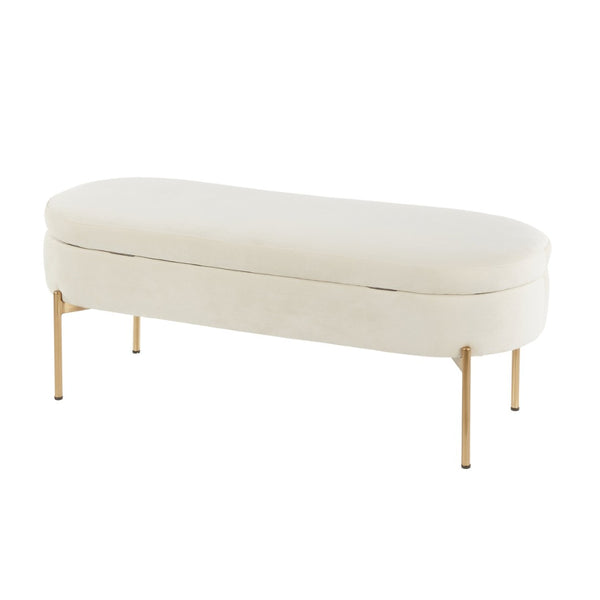 English Elm Contemporary Cream Velvet Storage Bench with Gold Metal Base for Bedroom or Entryway B202P223453